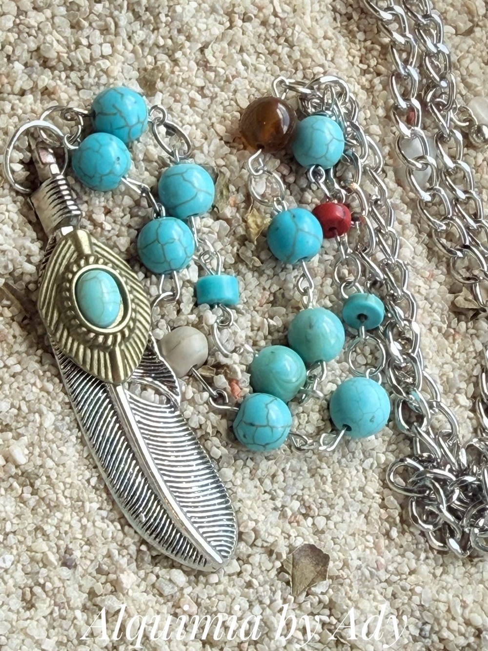 X-LONG BOHO + Turquoise and Silver Feather Pendant Necklace